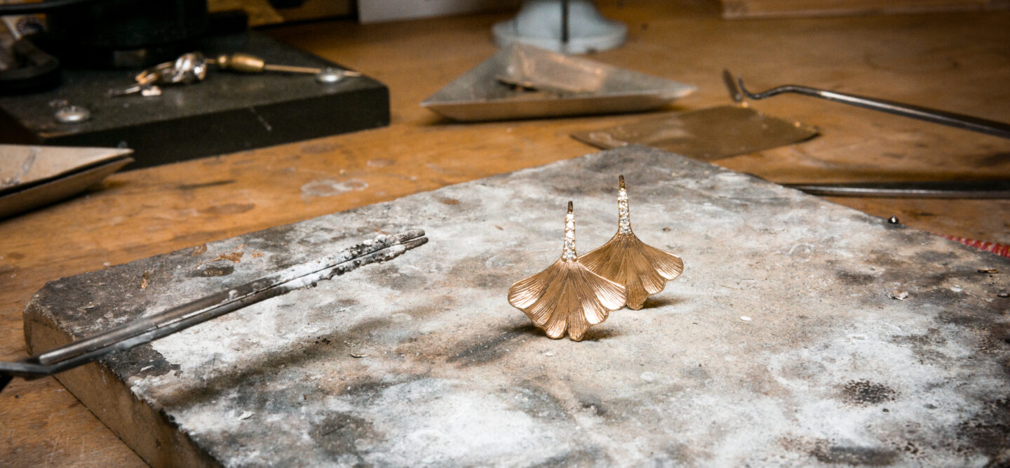 gold and diamond ginkgo leaf earrings